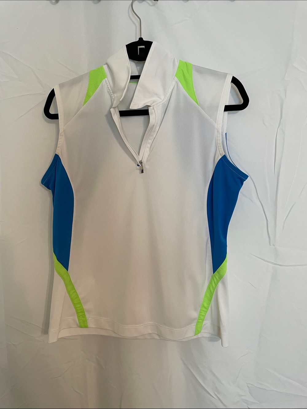 Nike White Sleeveless Athletic Tank with Blue Panels and Neon Green Accents